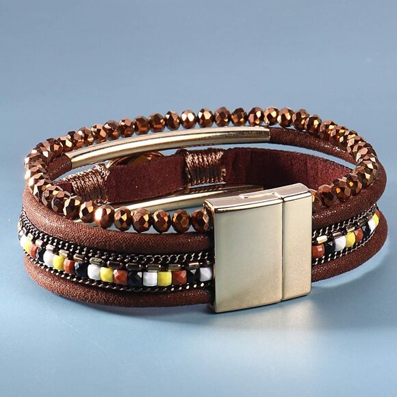 Leather Wrap Bracelet Crystal Beads Boho Cuff Stone Charm Adjustable - Picture 6 of 6